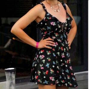Zara Fruit Floral Black Silky Slip Mini Dress Strawberry Size XL
